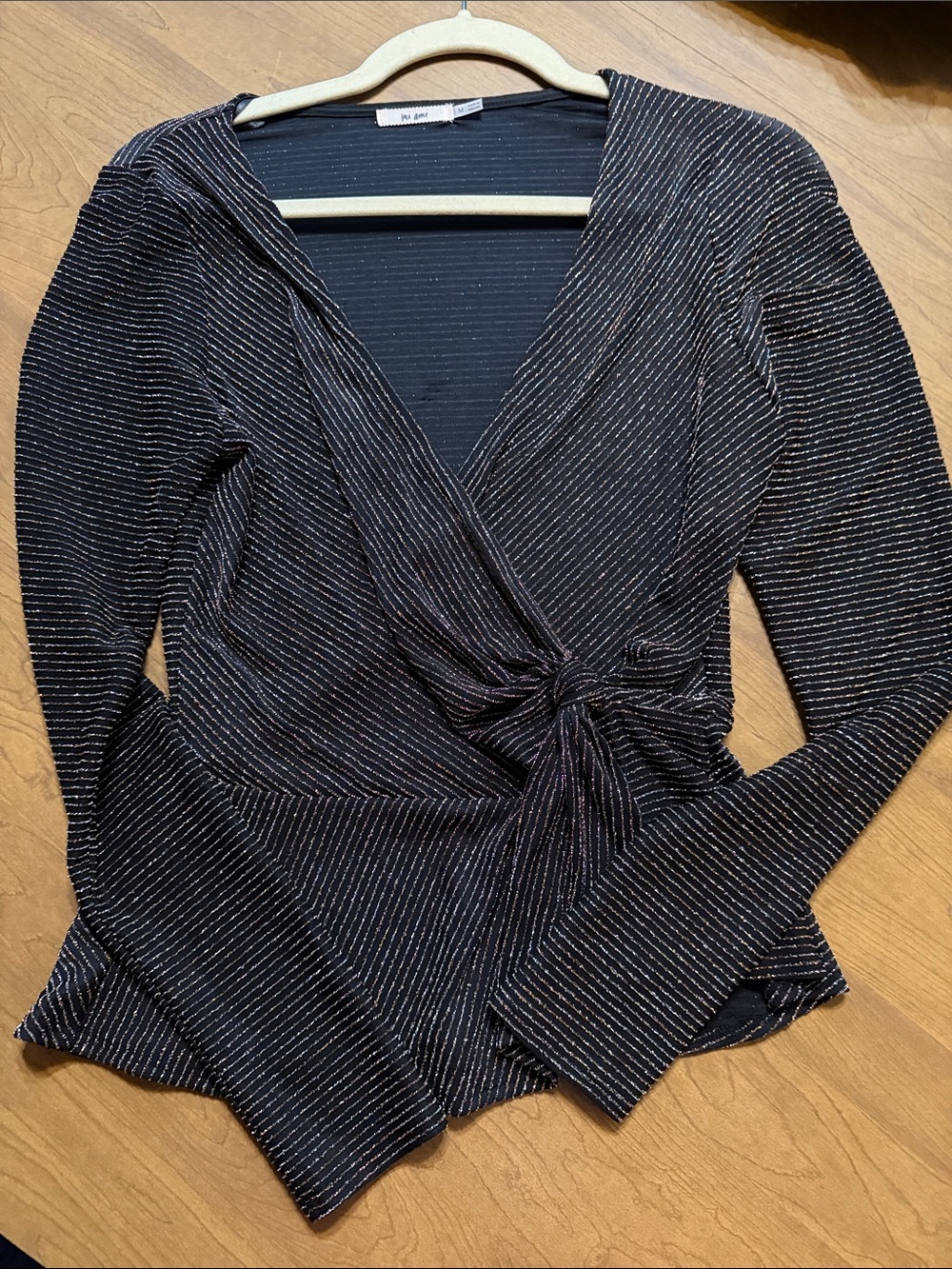 Miami Black Long-Sleeve Wrap Top with Metallic Stripes